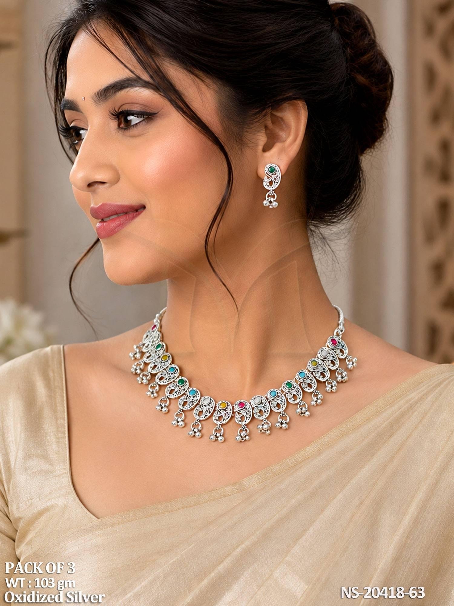Oxidized Silver Multicolor Necklace Set