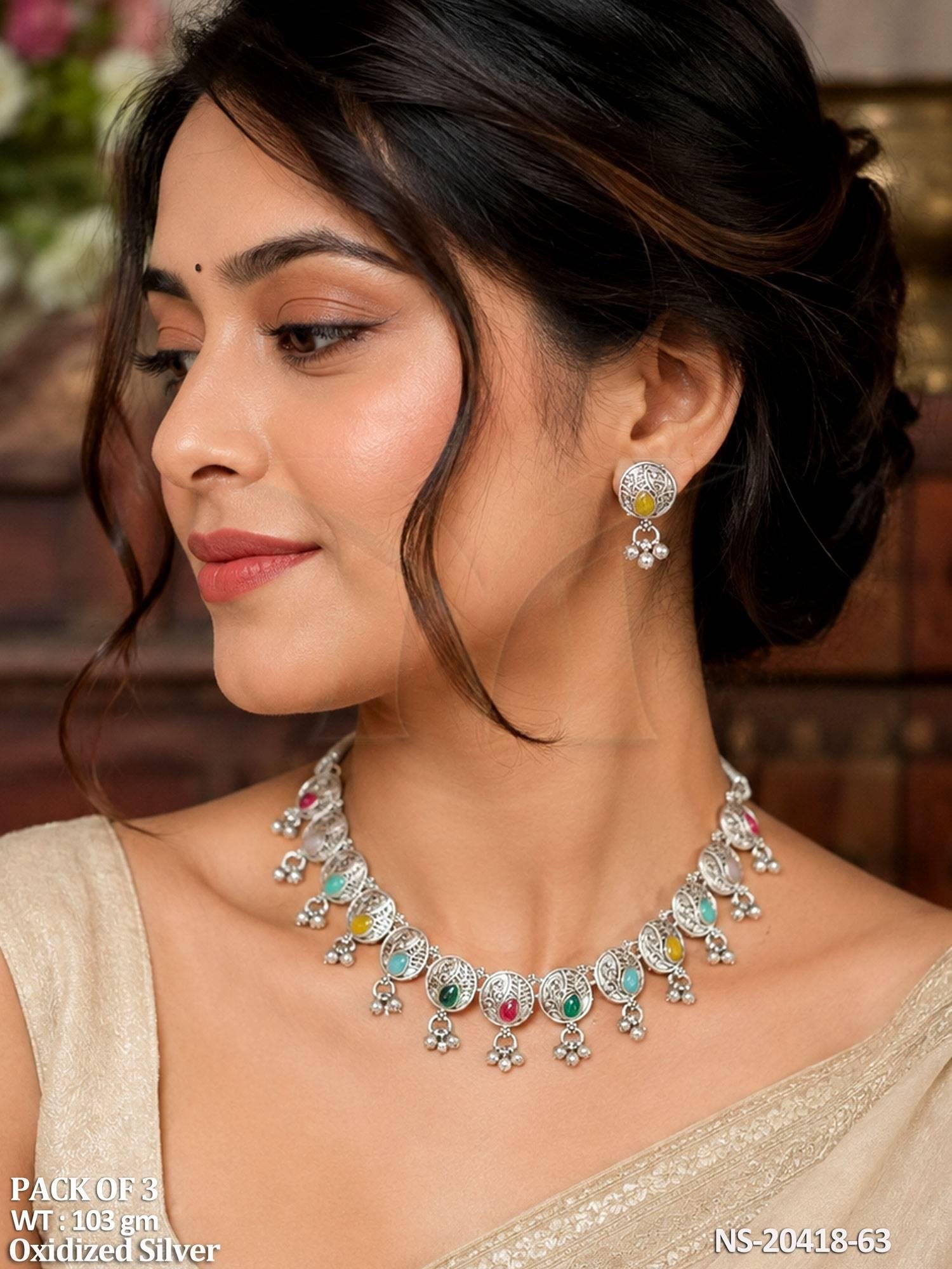Oxidized Silver Multicolor Necklace Set