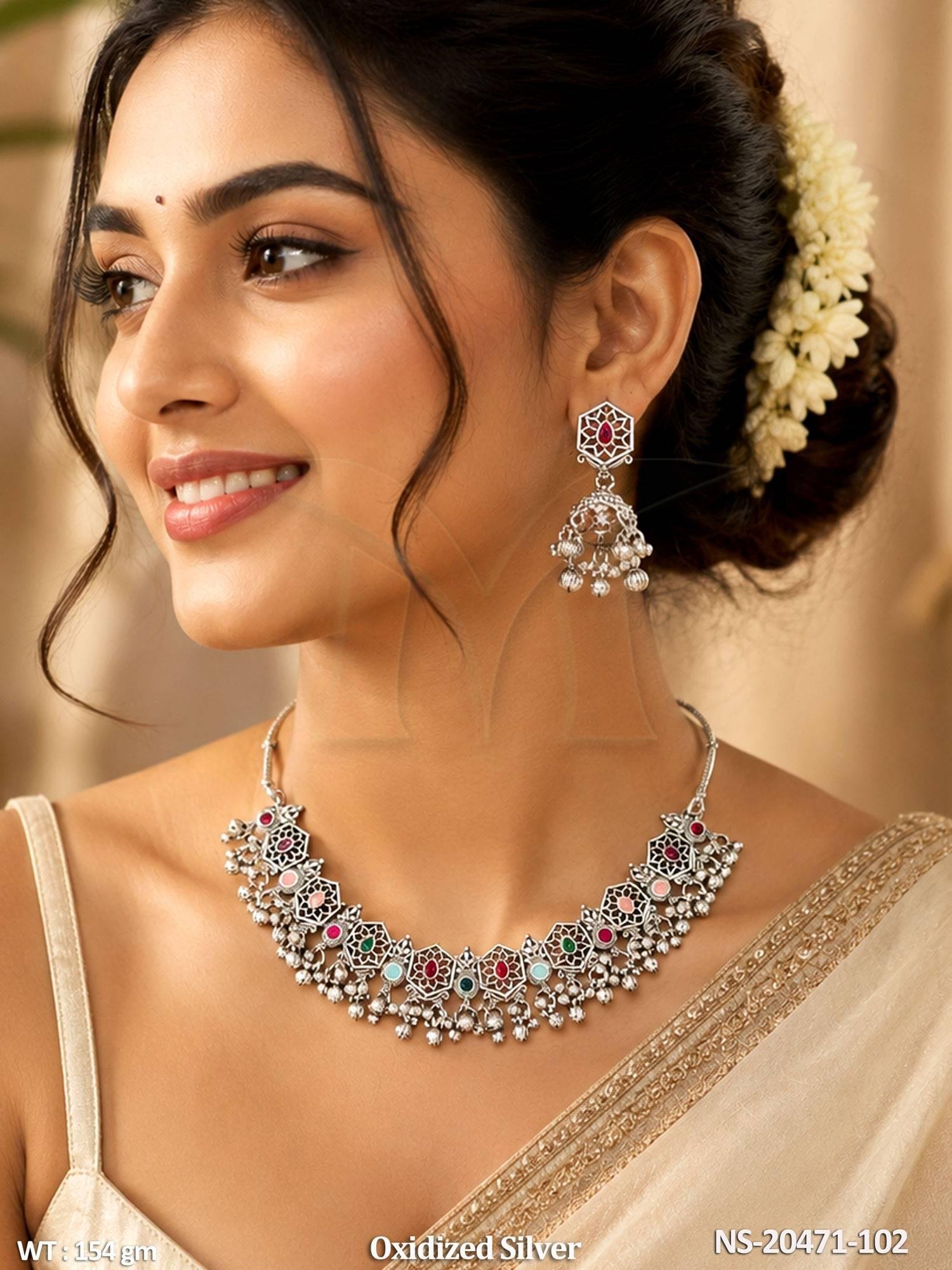 Oxidized Silver Multicolor Stone Necklace Set
