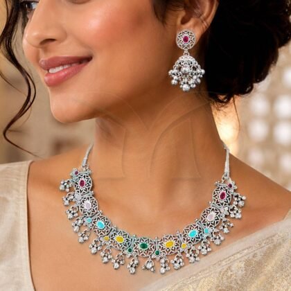 Oxidized Silver Multicolor Stone Necklace Set