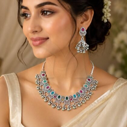 Oxidized Silver Multicolor Stone Necklace Set