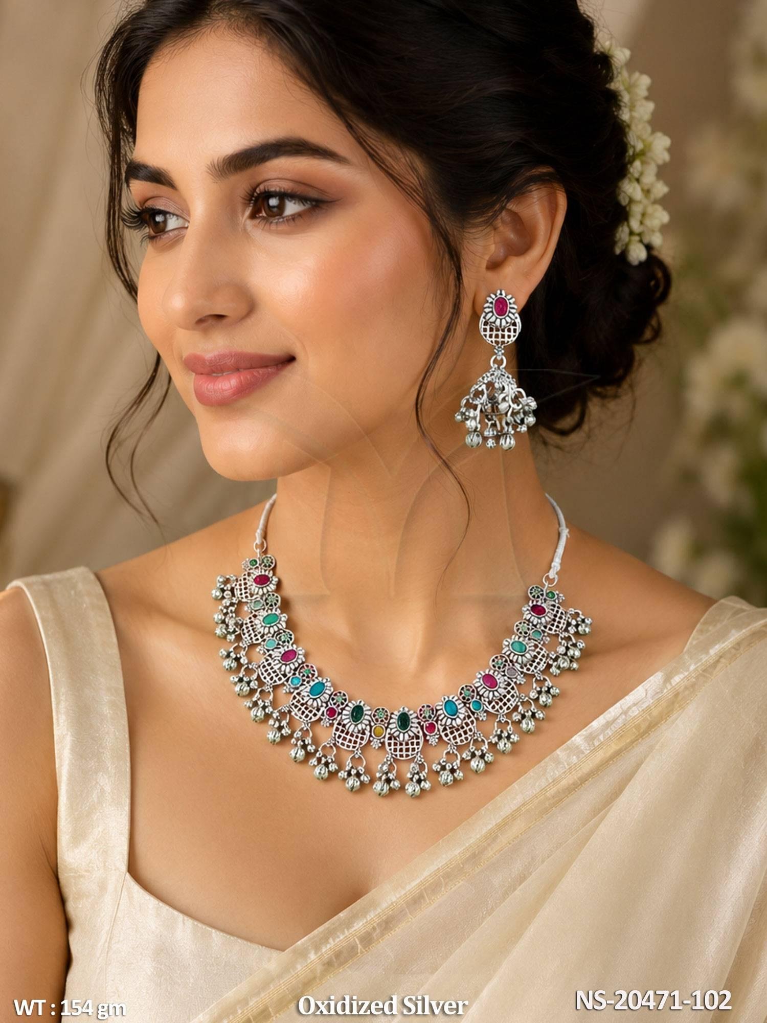 Oxidized Silver Multicolor Stone Necklace Set