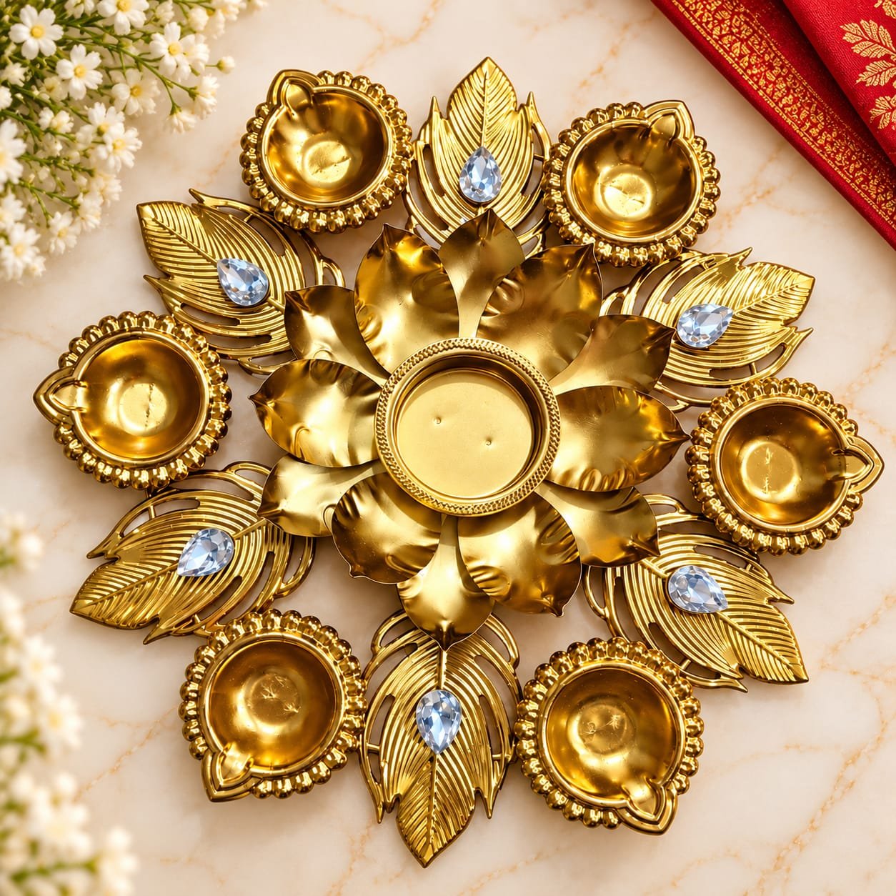 Diya Shape Flower Decorative Urli Bowl for Home Decor with 6 Diyas