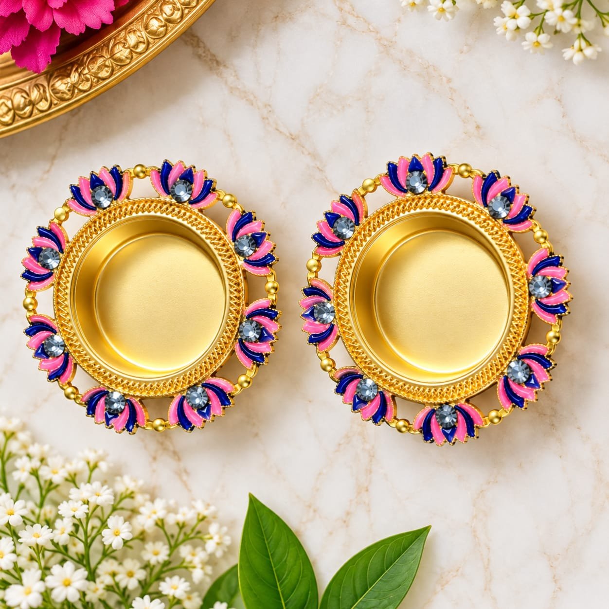 Decorative pink and blue colour metal Diyas pair