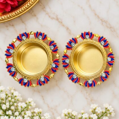 Decorative colourful metal Diyas pair