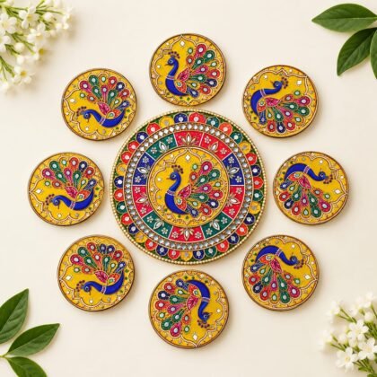 MDF Reusable Peacock design Rangoli set of 9 rangoli cutouts