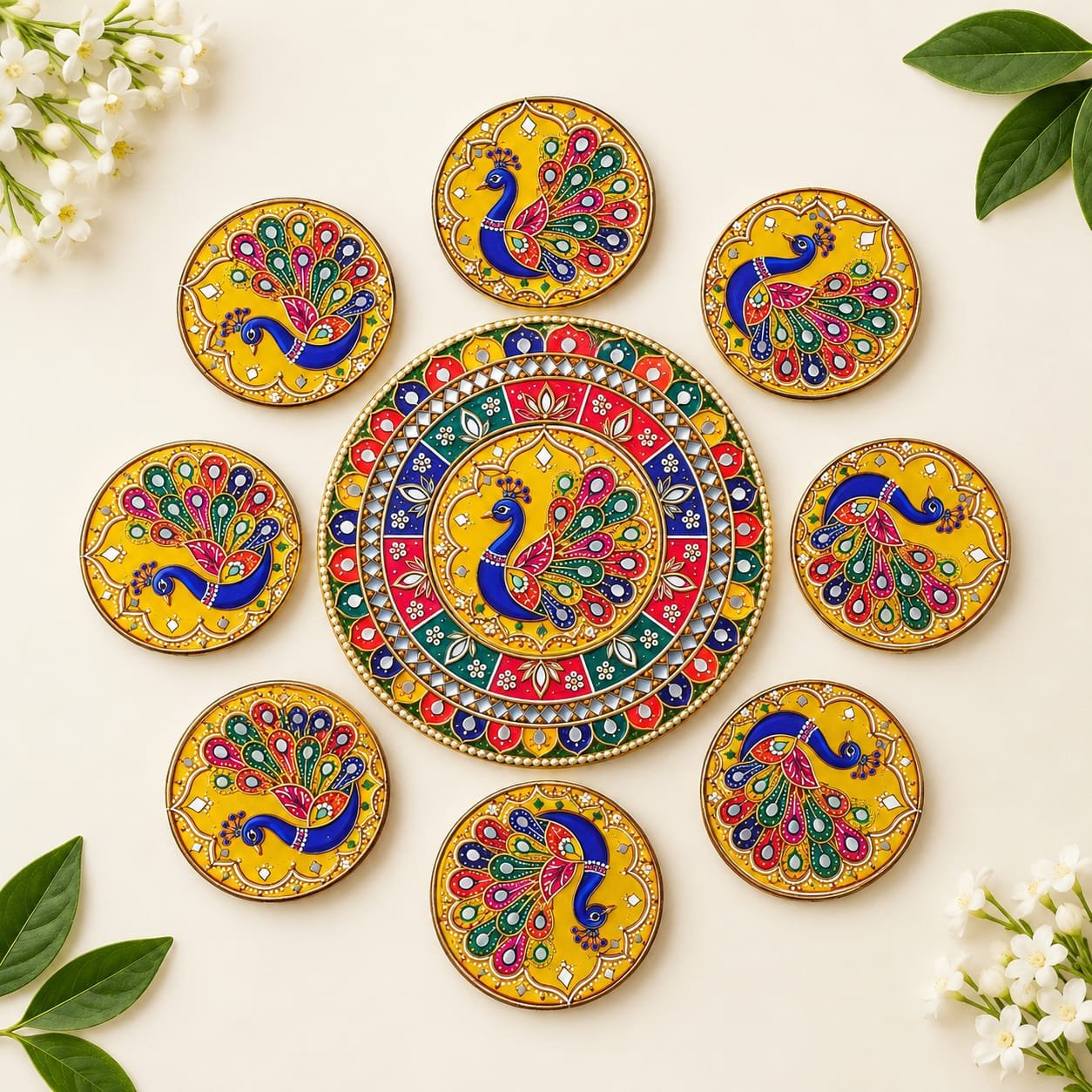 MDF Reusable Peacock design Rangoli set of 9 rangoli cutouts
