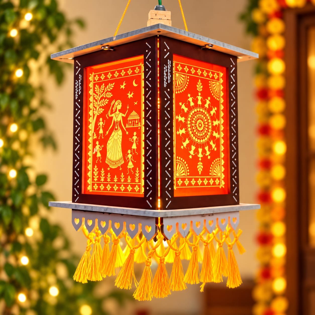 Eco Friendly Warli Kandil Hexagone 9Inch